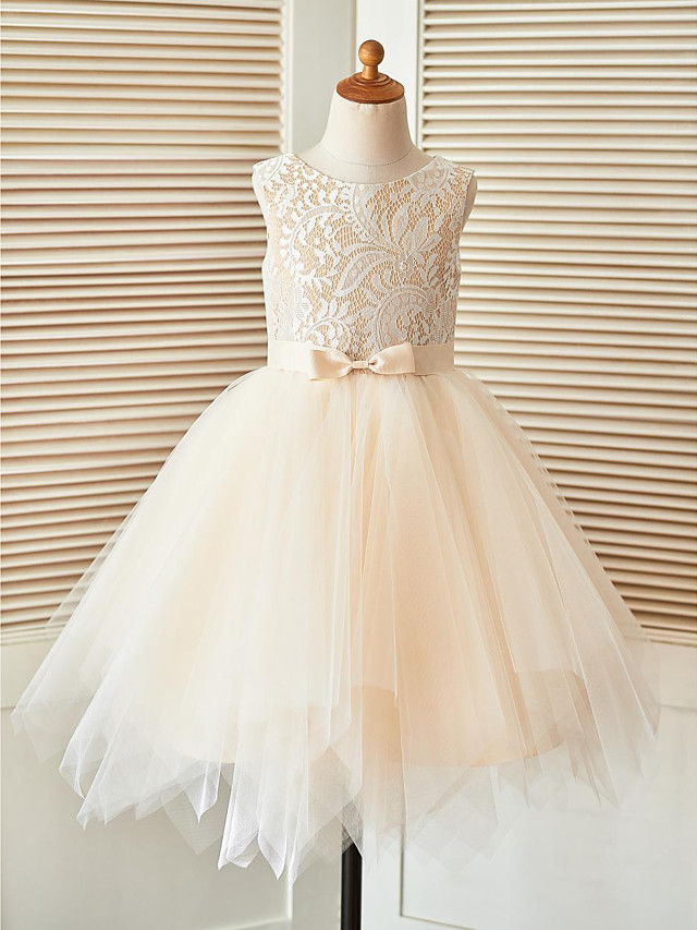 A-Line Knee Length Pageant Flower Girl Dresses - Lace / Tulle Sleeveless Scoop Neck With Sash / Ribbon