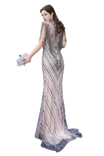 High Neck Cap sleeves Sparkle Beads Long Prom Dresses