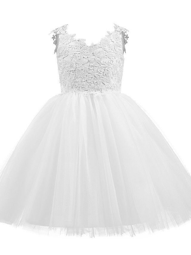 Princess Short Length Wedding / First Communion / Birthday Flower Girl Dresses - Taffeta / Tulle Sleeveless V Neck With Bow(S) / Appliques