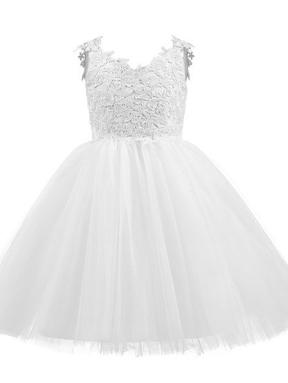 Short Ball Gown Tulle Flower Girl Dresses White First Communion Dresses