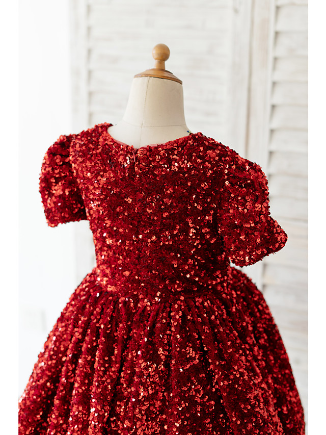 Red Short A-line Knee Length Sequined Flower Girl Dresses with Sleeves