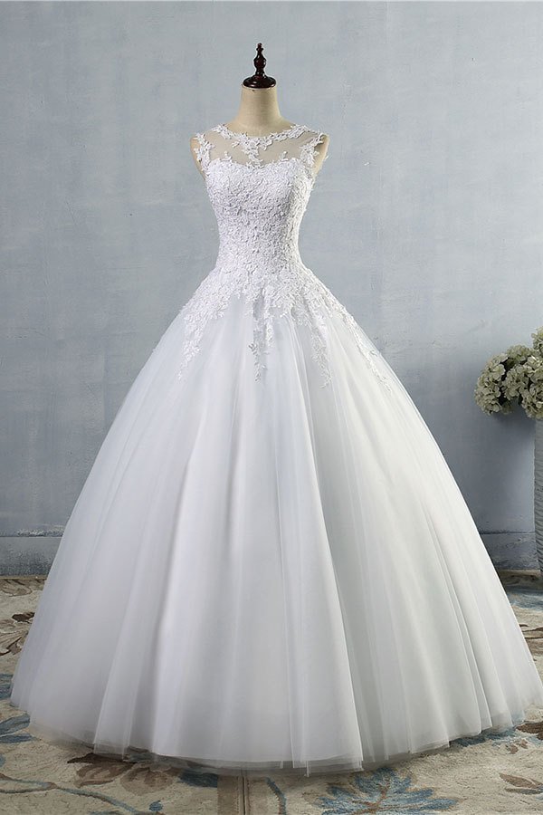 Long Appliques Lace Tulle A-line Wedding Dress