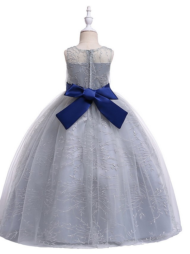 Princess Round Floor Length Cotton Junior Bridesmaid Dress With Bow(S) / Embroidery