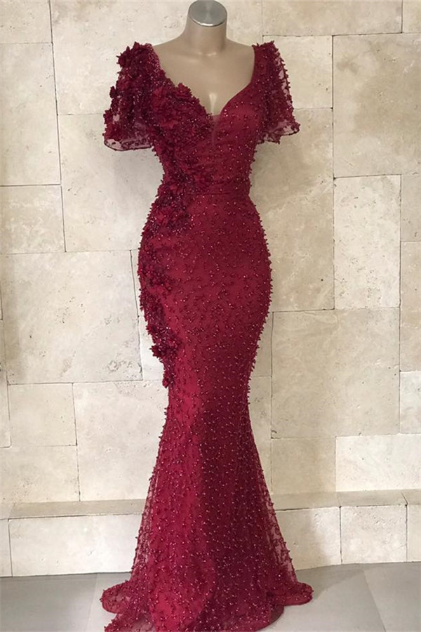 Chic Long Mermaid V-neck Burgundy Formal Evening Dresses with Sleeves