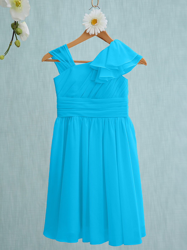 Sheath / Column Straps Knee Length Chiffon Junior Bridesmaid Dress With Ruffles / Side Draping / Natural