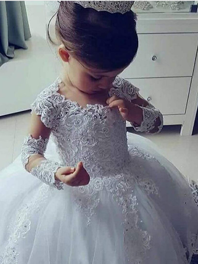 Ball Gown Floor Length Wedding Flower Girl Dresses - Lace Long Sleeve Jewel Neck With Appliques / Solid