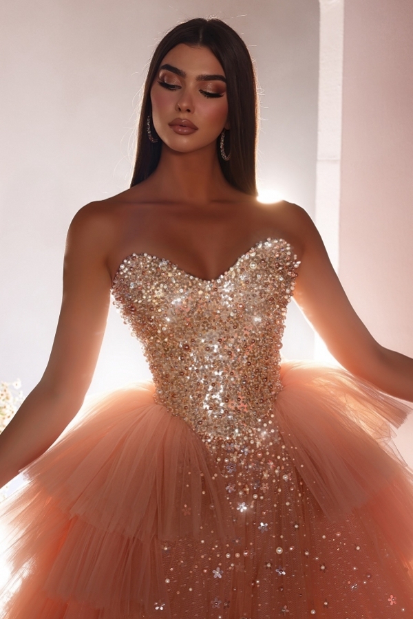 Long Strapless Ball Gowm Tulle Layered Long Prom Dress with Beads