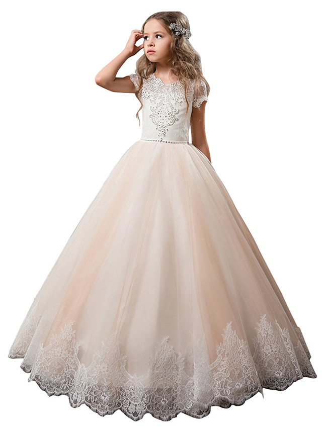 Princess Floor Length Wedding / Birthday / First Communion Flower Girl Dresses - Cotton / Nylon With A Hint Of Stretch / Lace / Tulle Short Sleeve Jewel Neck With Lace / Crystals / Rhinestones