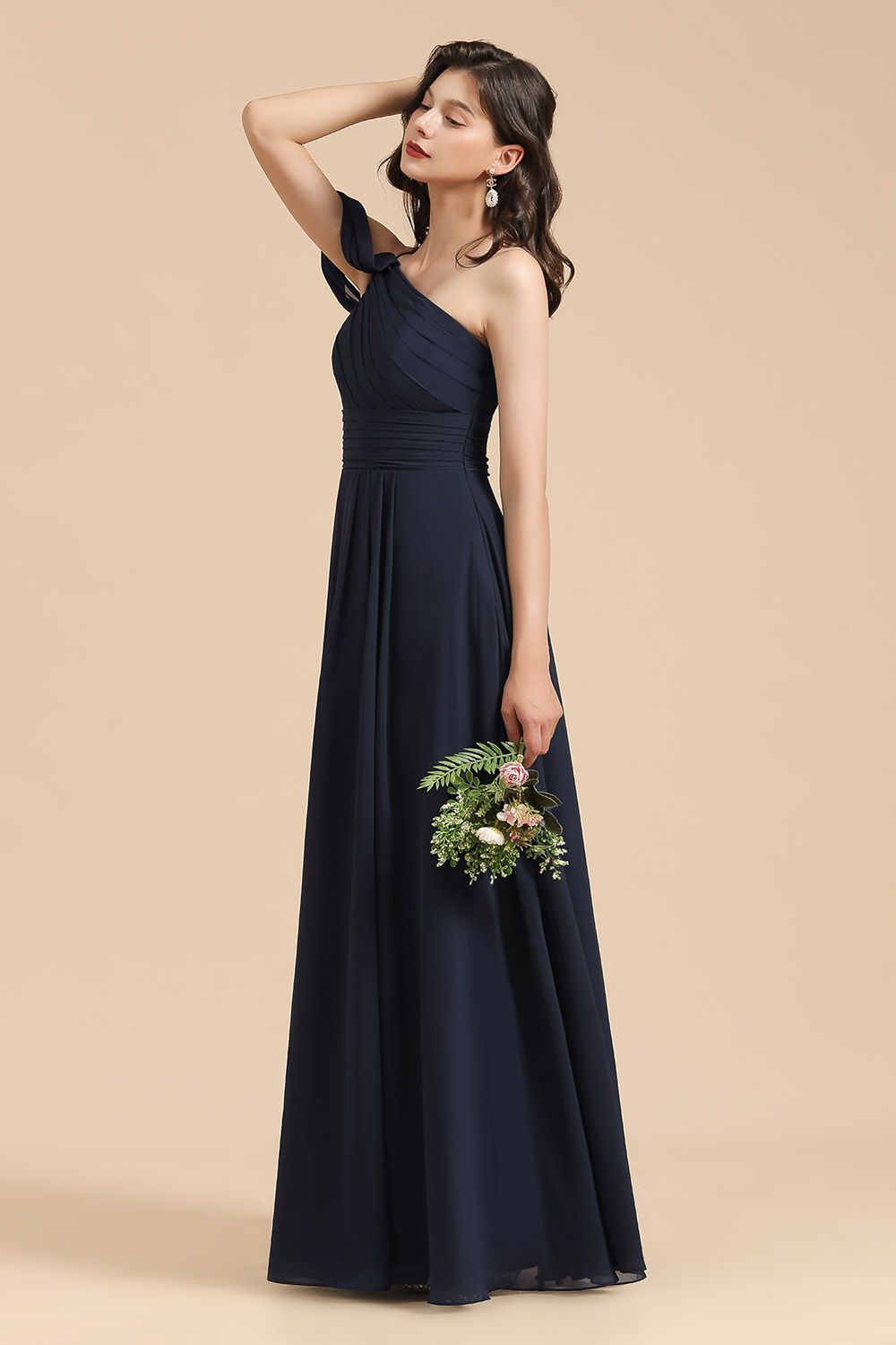Long A-line Chiffon One Shoulder Bridesmaid Dress Dark Navy Wedding Party Dresses