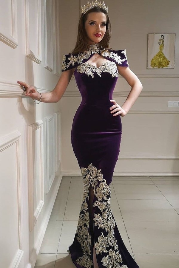 Unique High Neck Appliques Lace Backless Floor-length Velvet Mermaid Prom Dress