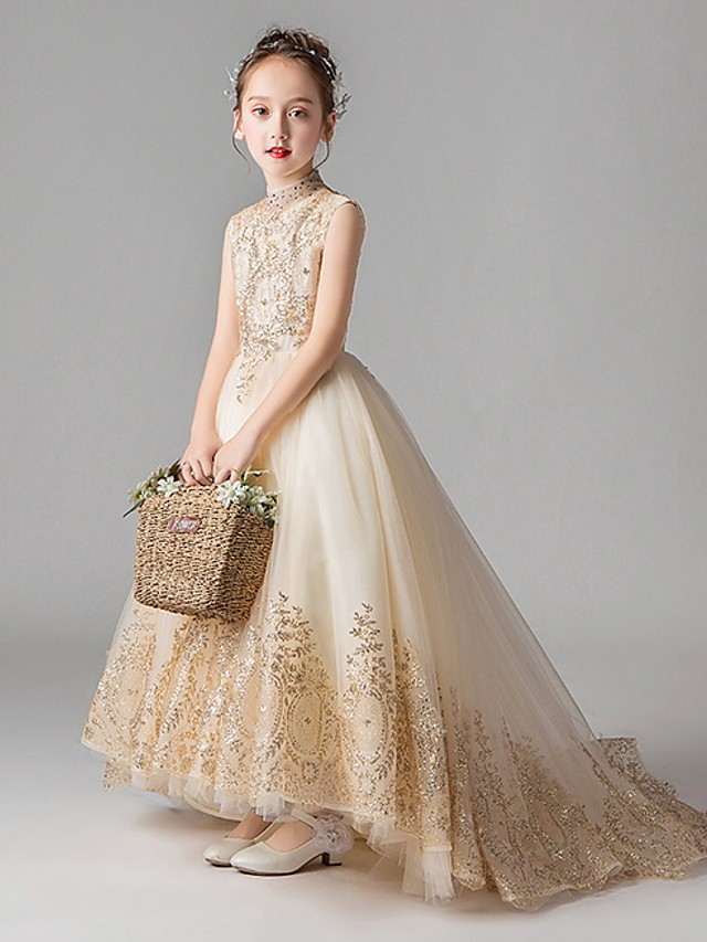 Princess Court Train Party / Pageant Flower Girl Dresses - Polyester Sleeveless Jewel Neck With Appliques