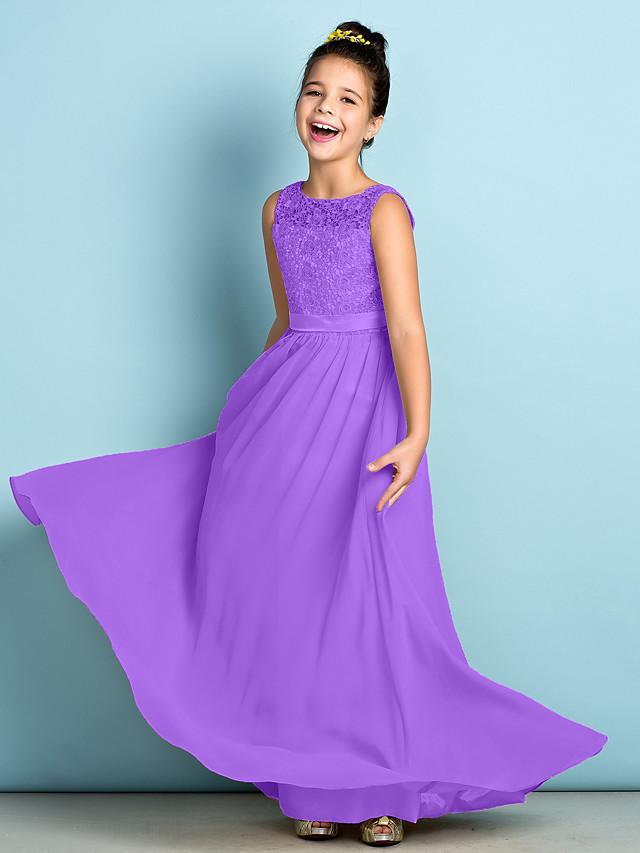 A-Line Scoop Neck Floor Length Chiffon / Lace Junior Bridesmaid Dress With Lace / Natural / Mini Me
