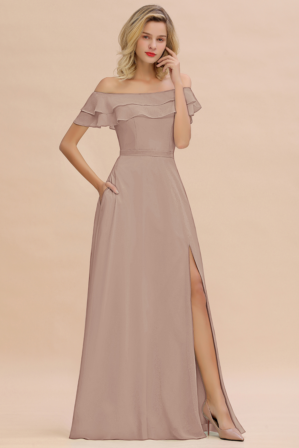 Off-the-Shoulder Front Slit Mint Green Long Bridesmaid Dress