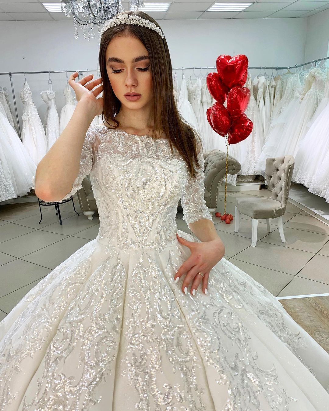 Gorgeous Bateau Long Sleeve Appliques Lace Floor-length Satin Ball Gown Wedding Dresses