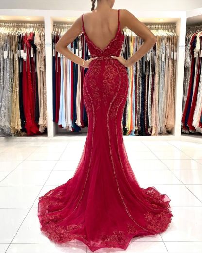 Long Mermaid V-neck Tulle Lace Open back Prom Dress with Glitter
