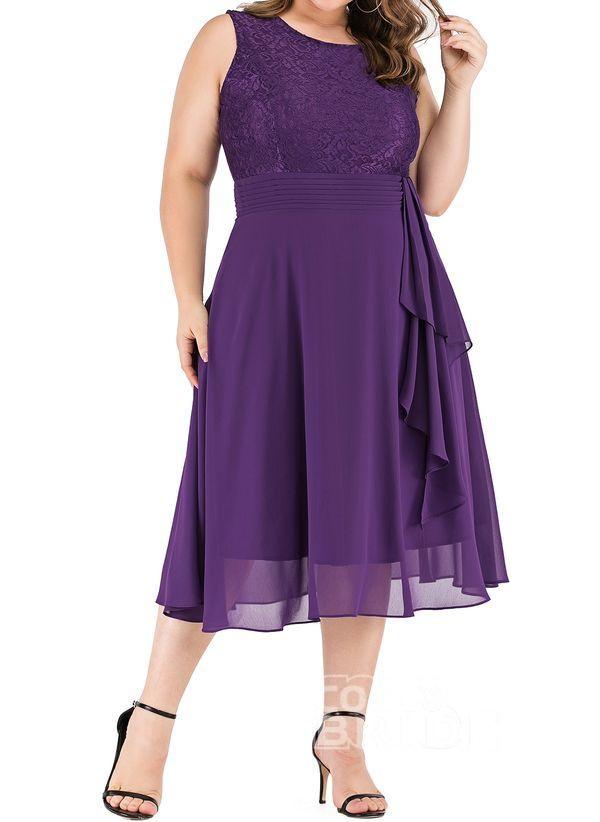Dark Blue Plus Size Solid Round Neckline Casual Midi X-line Dress Plus Dress