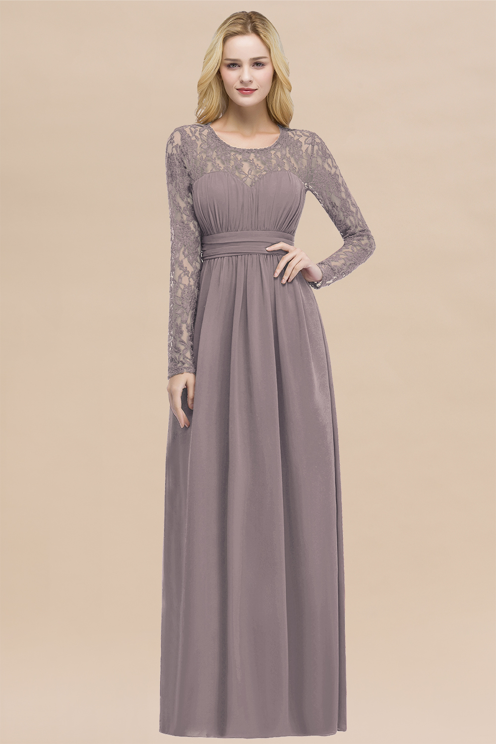 Elegant A-Line Chiffon Jewel Long Sleeves Ruffles Floor-Length Bridesmaid Dresses
