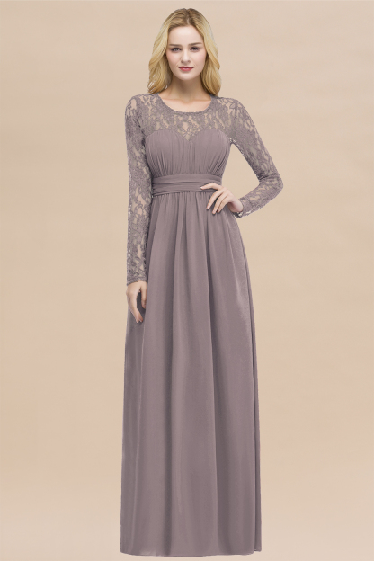 Elegant A-Line Chiffon Jewel Long Sleeves Ruffles Floor-Length Bridesmaid Dresses