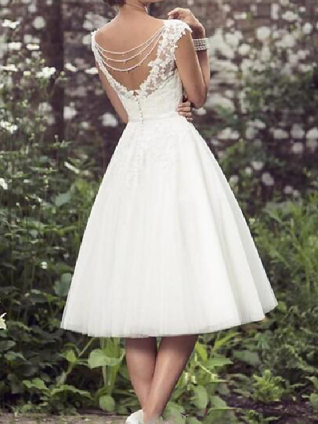 Short A-Line V Neck Tea Length Lace Tulle Wedding Dresses with Cap Sleeve