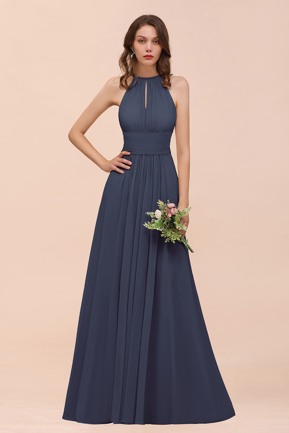 Elegant Long A-Line Jewel Ruffle Chiffon Champagne Bridesmaid Dress