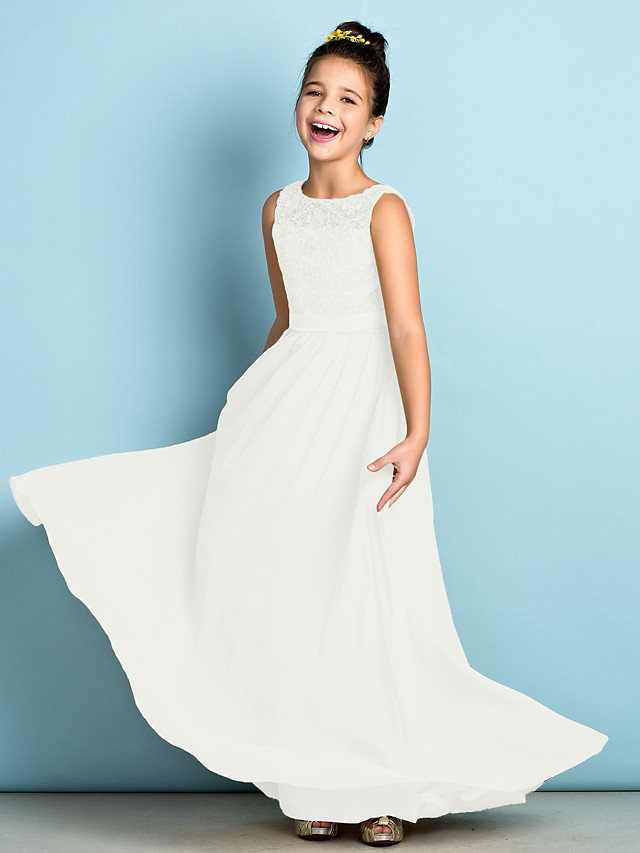 A-Line Scoop Neck Floor Length Chiffon / Lace Junior Bridesmaid Dress With Lace / Natural / Mini Me