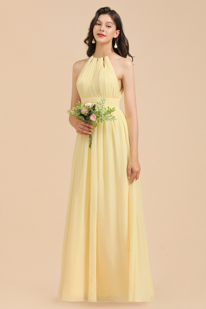 Long A-line Halter Pleated Chiffon Daffodil Bridesmaid Dress with Slit