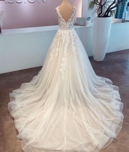Elegant Long A-line V-neck Tulle Lace Wedding Dress