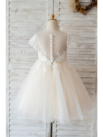 Short Ball Gown Tulle Lace Flower Girl Dresses with Sleeves