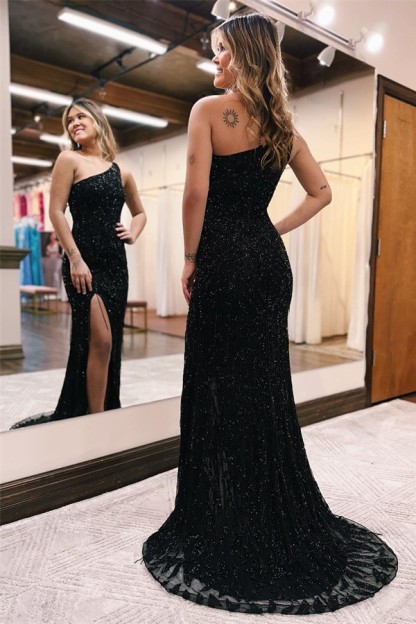 Elegant Black Long Mermaid One Shoulder Sequins Prom Dress with Slit