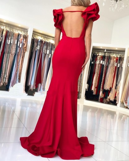 Charming Red Square Neckline Ruffles Mermaid Prom Dresses