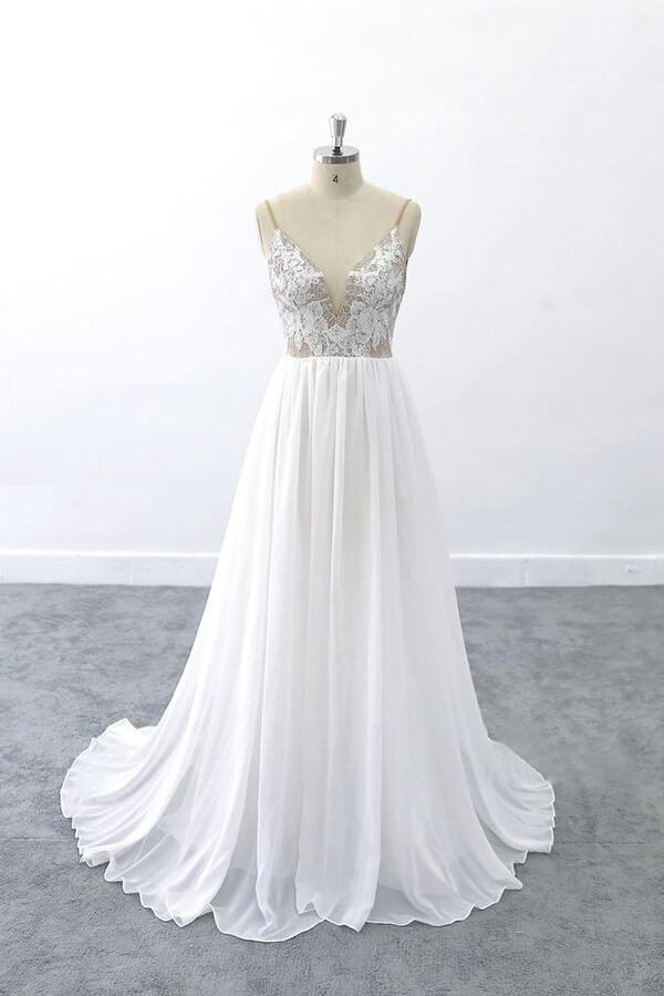 Elegant Long V-neck Lace Chiffon A-line Open Back Wedding Dress