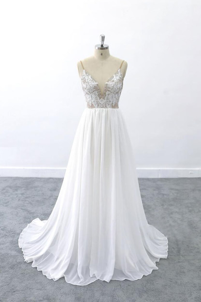 Elegant Long V-neck Lace Chiffon A-line Open Back Wedding Dress
