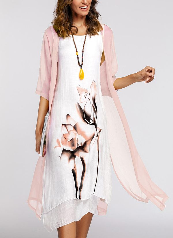 Floral Wrap Round Neckline Midi X-line Dress