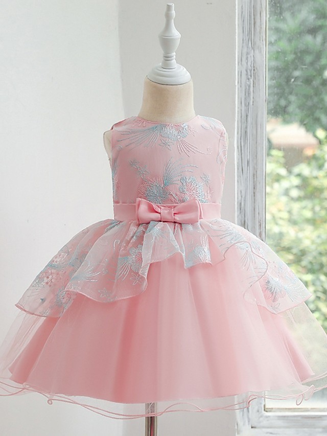 Princess / Ball Gown Knee Length Wedding / Party Flower Girl Dresses - Tulle Sleeveless Jewel Neck With Bow(S) / Tier