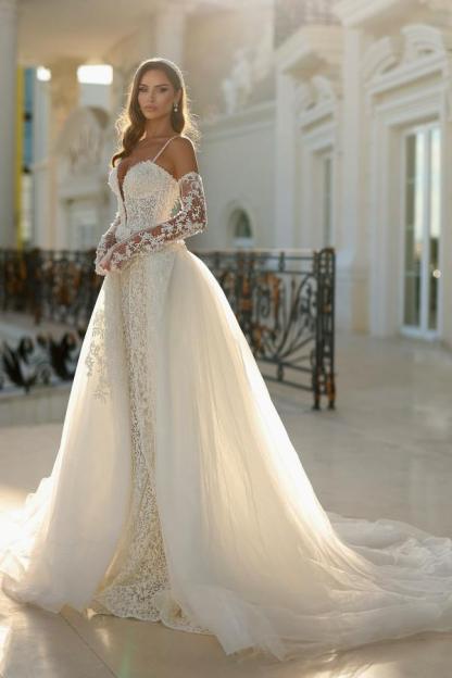 Spaghetti Straps Sweetheart Detachable Train Lace Mermaid Wedding Dress with Long Gloves