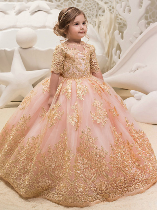 Princess / Ball Gown Floor Length Wedding / Party Flower Girl Dresses - Tulle Half Sleeve Jewel Neck With Bow(S) / Appliques