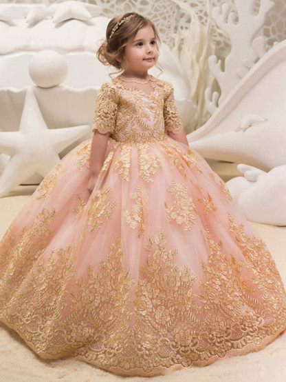 Princess / Ball Gown Floor Length Wedding / Party Flower Girl Dresses - Tulle Half Sleeve Jewel Neck With Bow(S) / Appliques