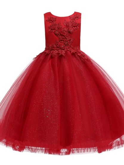 Ball Gown Tulle Sleeveless Jewel Neck Flower Girl Dresses with Appliques Lace