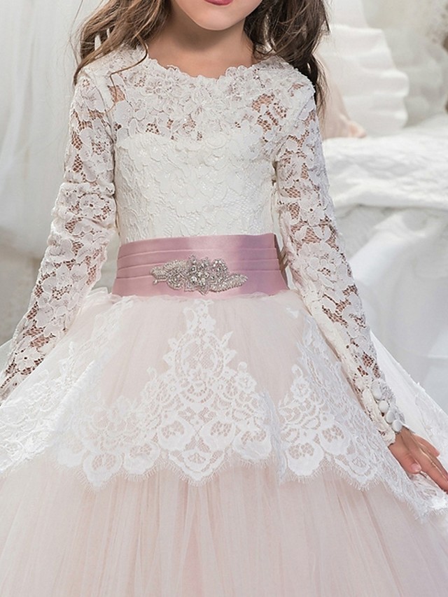 Long Ball Gown Tulle Lace Floor Length Flower Girl Dresses with Sleeves