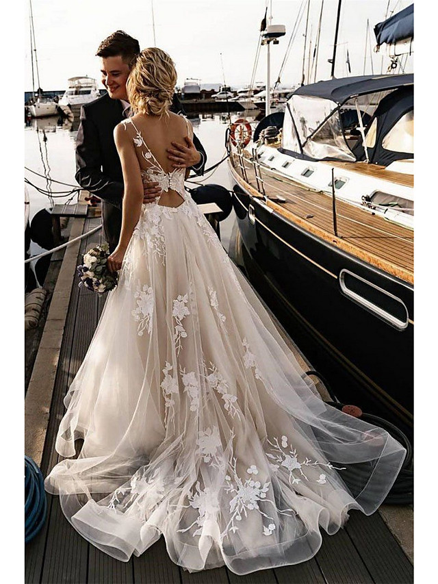 A-Line Wedding Dresses V Neck Court Train Tulle Spaghetti Strap Backless