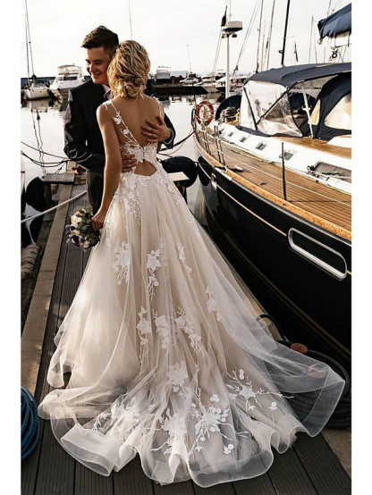 Long A-line V Neck Court Train Tulle Spaghetti Strap Backless Wedding Dresses