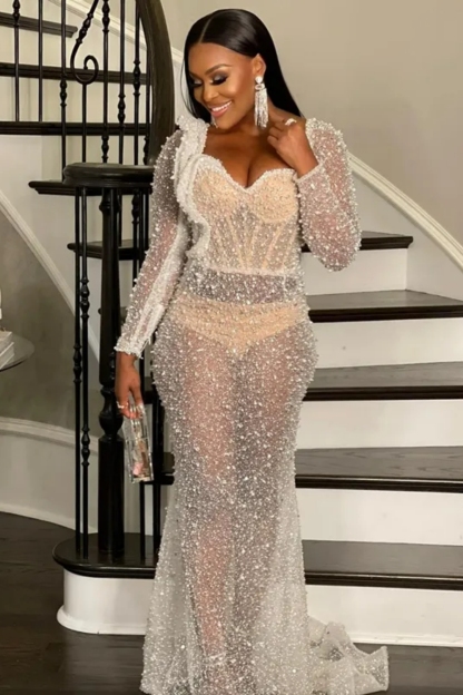 Sexy Long Sleeve Mermaid Tulle Prom Dress with Sequins