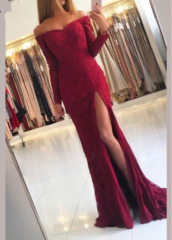 Off-the-shoulder Long Sleeves Lace Mermaid Floor-length Prom Dress With Side Slit