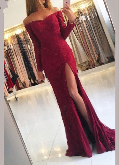 Off-the-shoulder Long Sleeves Lace Mermaid Floor-length Prom Dress With Side Slit