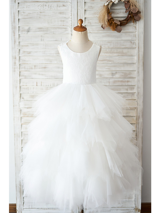 Ball Gown Floor Length Wedding / Birthday Flower Girl Dresses - Lace / Tulle Sleeveless Jewel Neck With Tiered