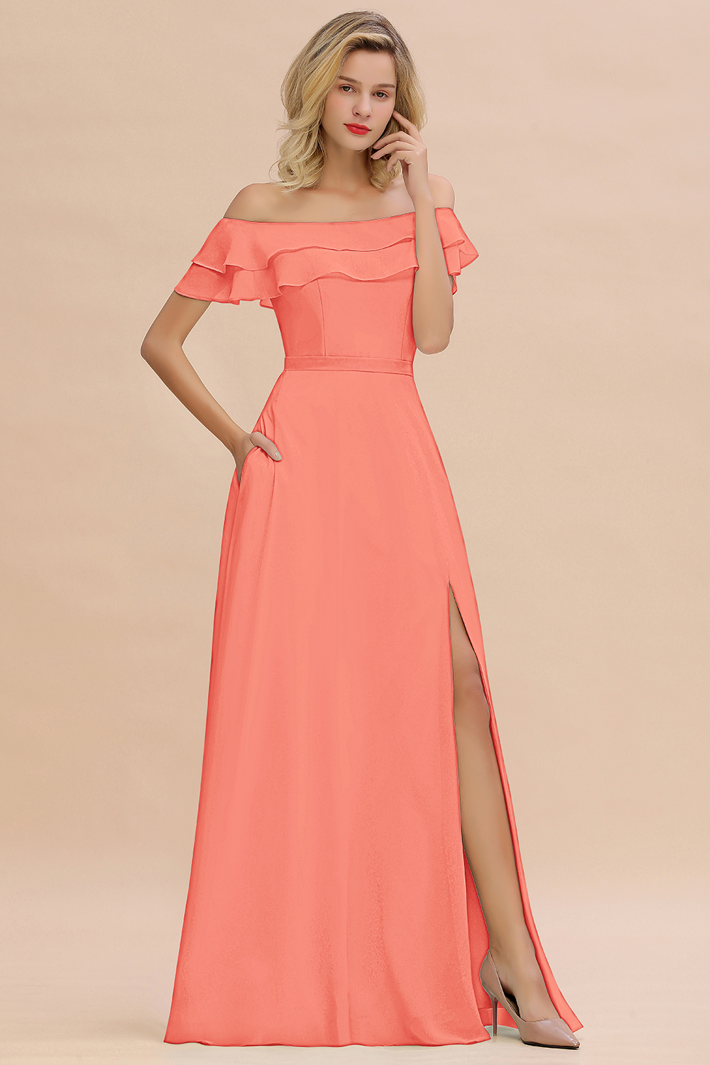Off-the-Shoulder Front Slit Mint Green Long Bridesmaid Dress