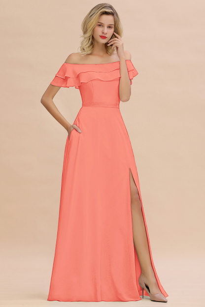 Off-the-Shoulder Front Slit Mint Green Long Bridesmaid Dress