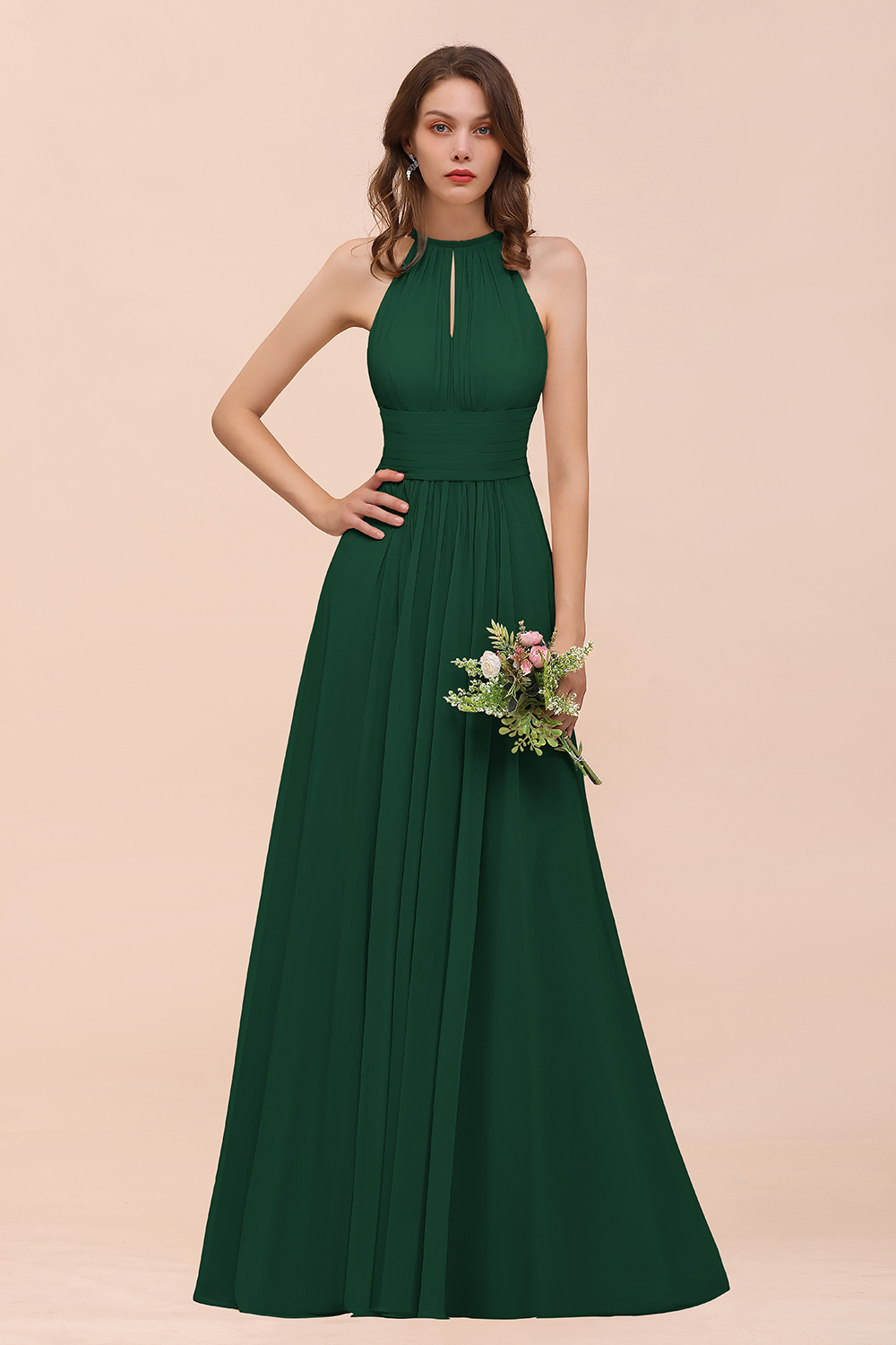 Elegant Long A-Line Jewel Ruffle Chiffon Champagne Bridesmaid Dress