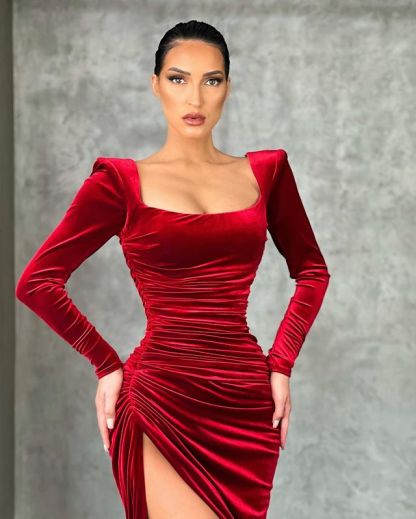 Burgundy Long Sleeves Mermaid Square Neck Velvet Prom Dresses with High Split