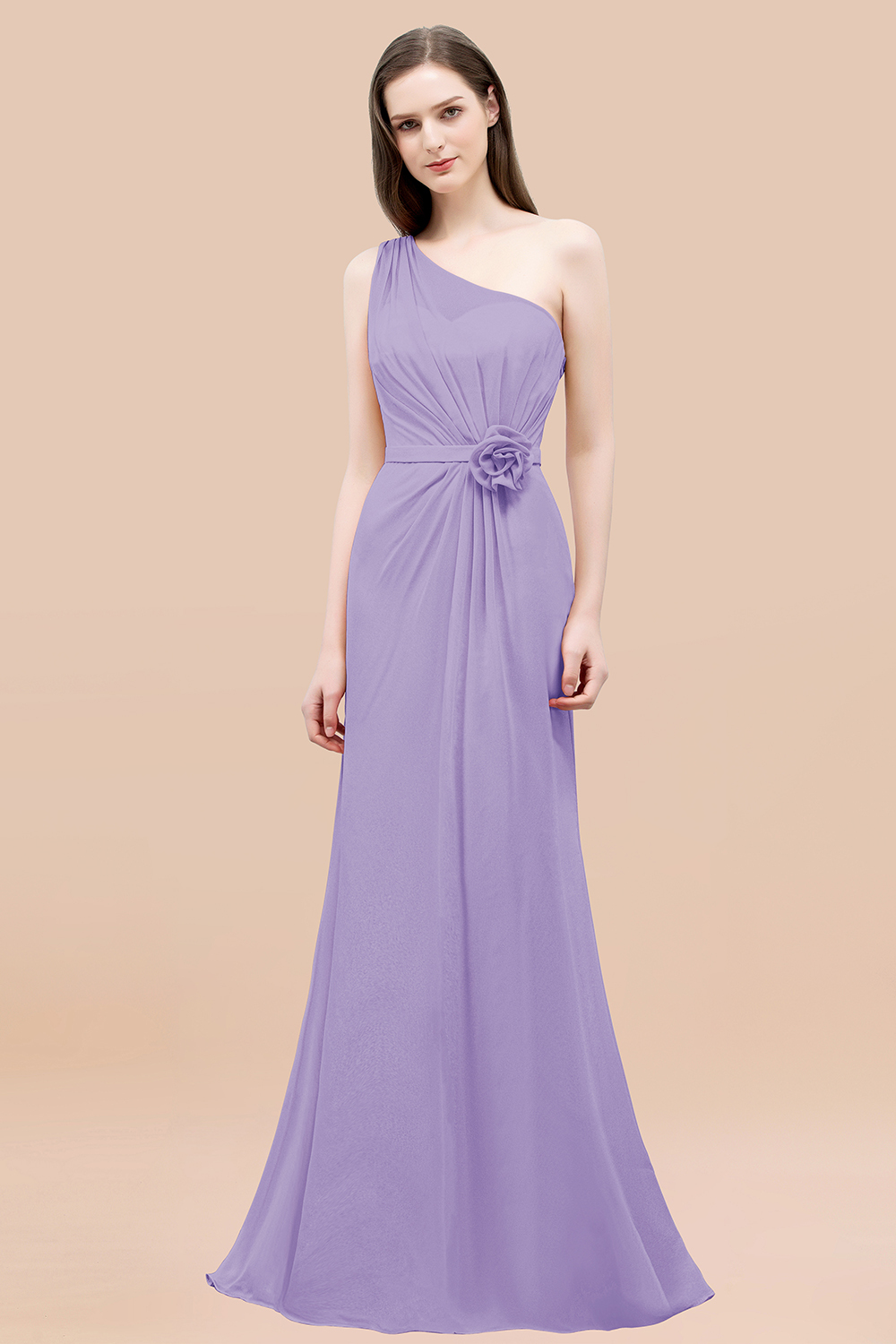 Mermaid Chiffon One-shoulder Sleeveless Ruffled Floor-Length Bridesmaid Dresses with Flower